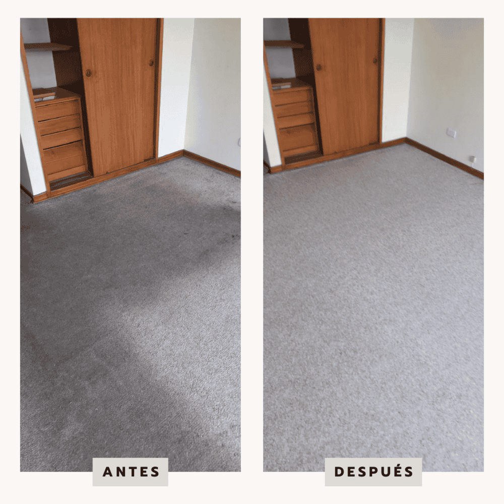 Antes y después de limpieza de alfombra en habitación con muebles de madera.