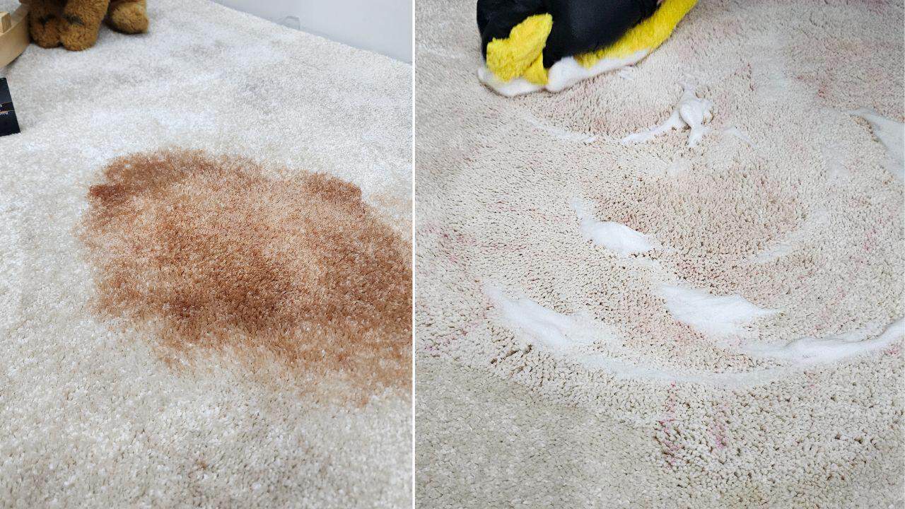 LAVADO DE ALFOMBRAS 2 Limpieza profesional de alfombra con manchas de suciedad y polvo.